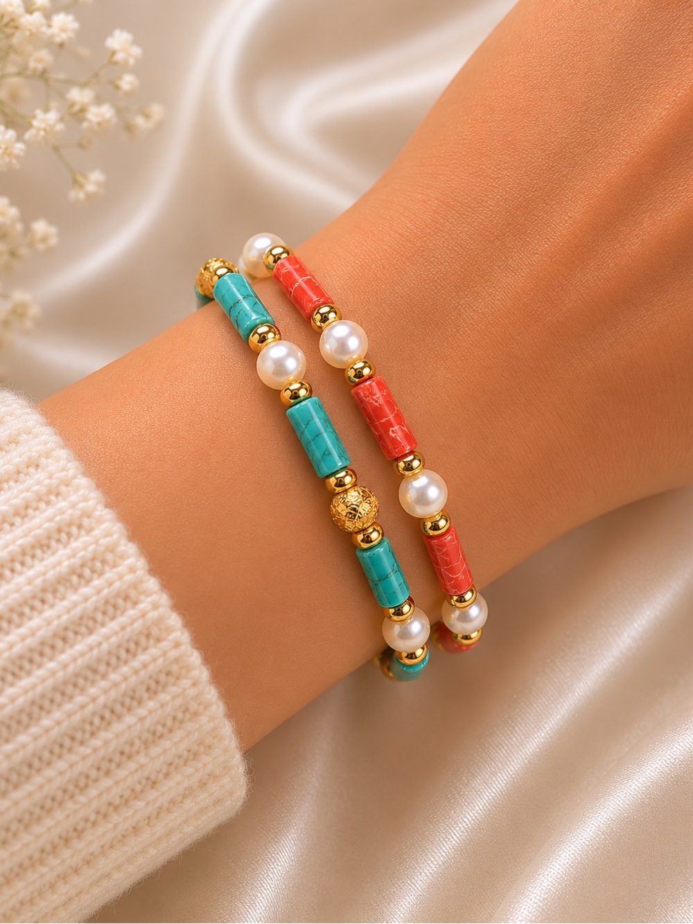 Handmade Turquoise Coral Pearl Beaded Bracelet Set of 2 Gold Accents